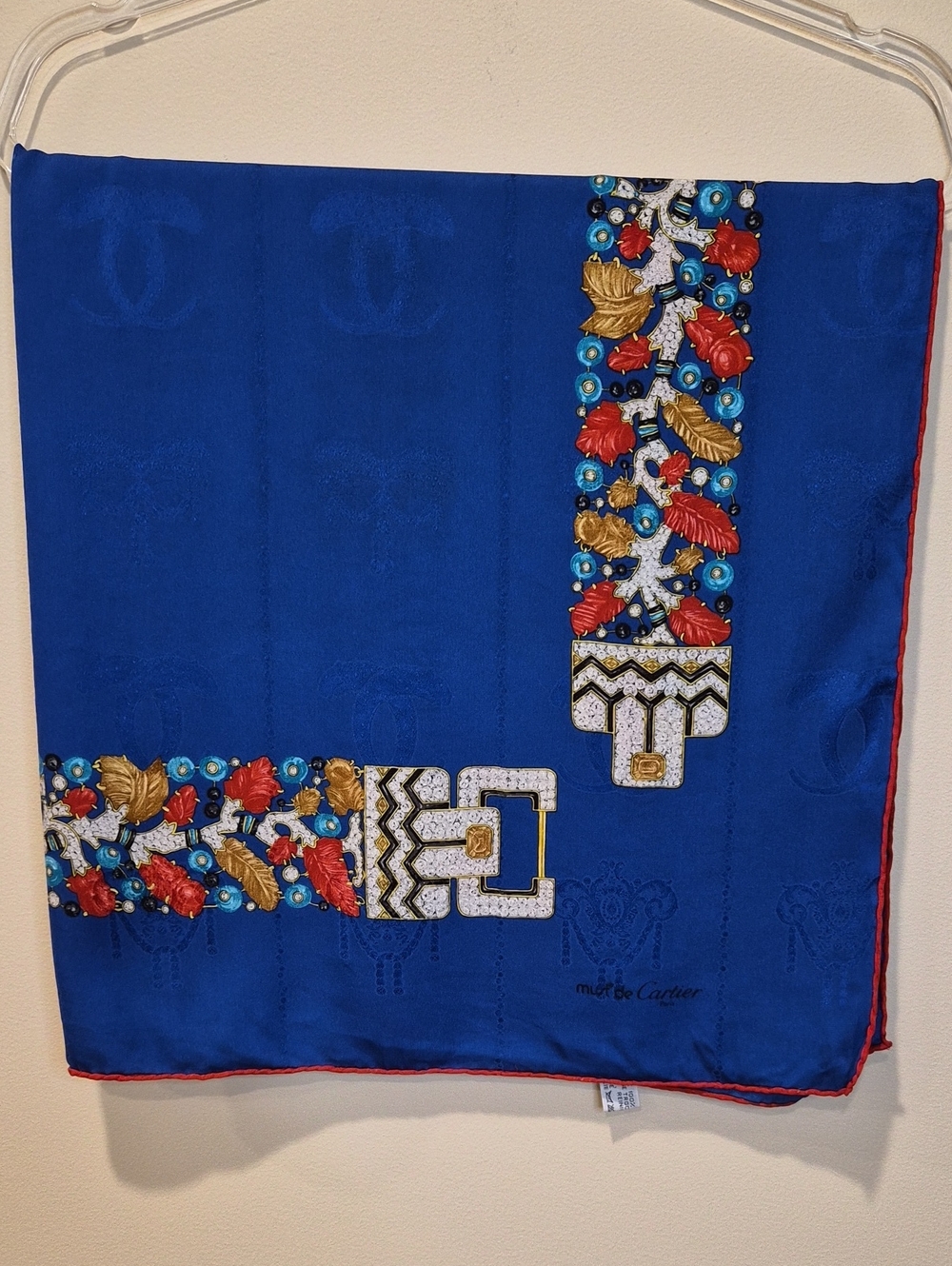 Cartier Paris Luxury Blue Floral Embellished Silk Scarf Made In Italy.